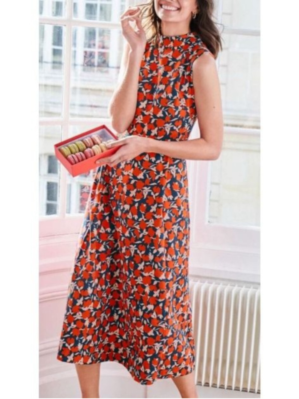 Boden Miriam Ponte Midi Dress Size 12 Red Navy Floral Sleeveless Pockets Preppy - Picture 2 of 12